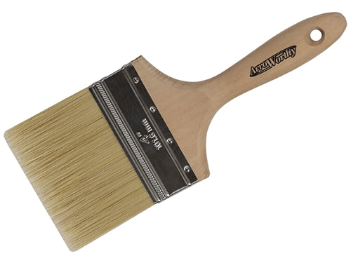 The image shows the ArroWorthy 4" Super Stainer White China Bristle Stain Brush 1090. The brush has white bristles with a chisel trim, a natural wood handle, and a stainless ferrule.