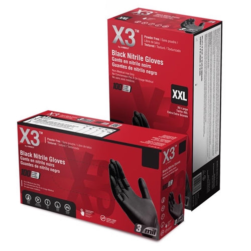 X3 Nitrile Disposable Exam Gloves Black Powder Free 100-Pack