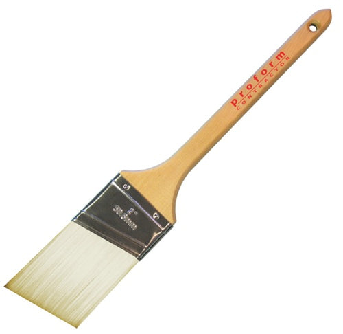 A close-up image of the Proform Contractor Angled China White Sash Paint Brushes shows its premium bristles and solid construction. 