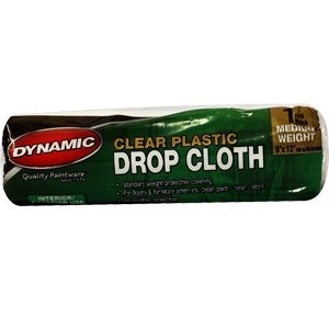 Dynamic Clear Plastic Rolled Drop Cloth shown in manufacturer packaging.
