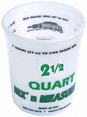 Plastic Mix & Measure 2-1/2 Quart Container - A plastic mix and measure container with graduated measurement units on the side.