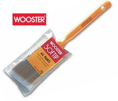 The image showcases the Wooster Softip AS Paint Brush Q3208 with its soft polyester filaments, chisel trim, brass-plated steel ferrule, and pearl-yellow solid plastic handle in a sash style.