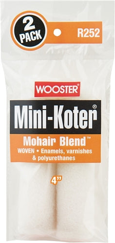 The image shows a close-up view of the Wooster Mini-Koter Mohair Blend Mini Roller Cover R252. The roller cover has a compact size and a dense pile made of mohair and polyester fibers.