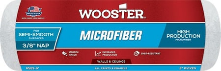 Wooster Microfiber Roller Cover image highlighting the high-capacity and shed-resistant microfiber fabric.