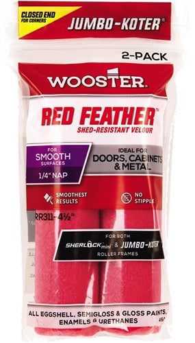 Wooster Jumbo-Koter Red Feather Mini Roller Cover image highlighting the red shed-resistant velour fabric.