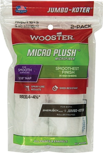 Wooster Jumbo-Koter Micro Plush Mini Roller Covers highlighting the white microfiber fabric.
