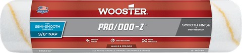 The Wooster Pro/Doo Z Roller cover image highlights the proprietary high-density white fabric, adorned with a golden pinstripe.