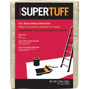 Trimaco SuperTuff Felt Back Canvas Drop Cloth displayed in a shrink wrapped package.