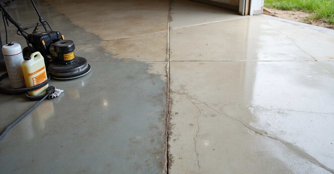 A concrete surface ready to be prepped with cleaning materials