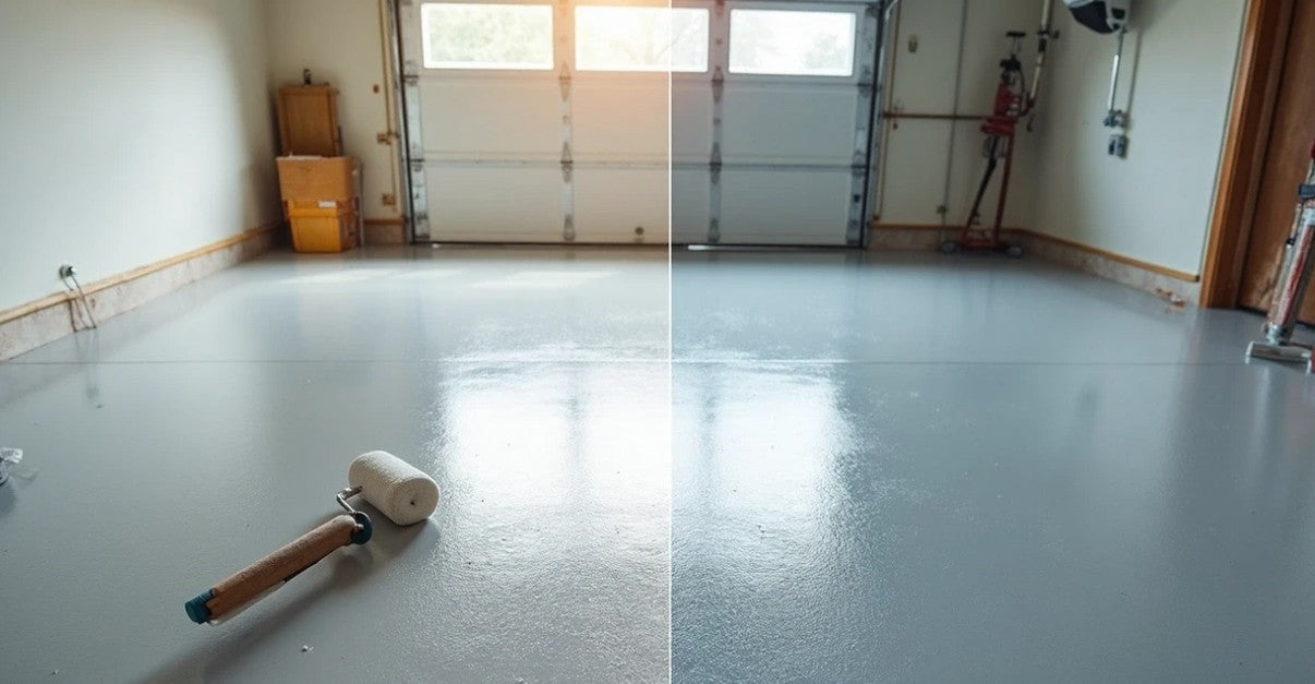 Image of before and after of a painted garage floor