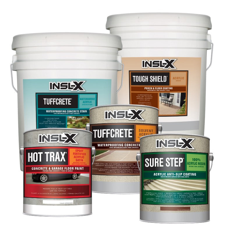 Group of Insl-X Floor & Masonry Coating pails on a white background