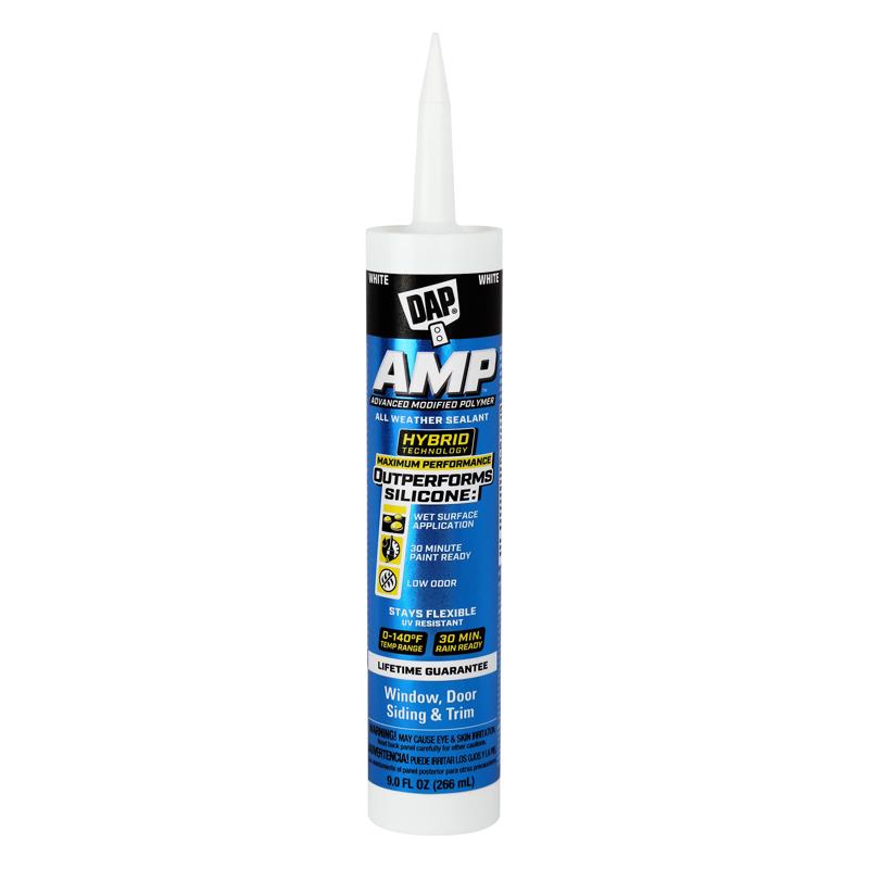 DAP AMP All Weather Window & Door Sealant tube on a white background.