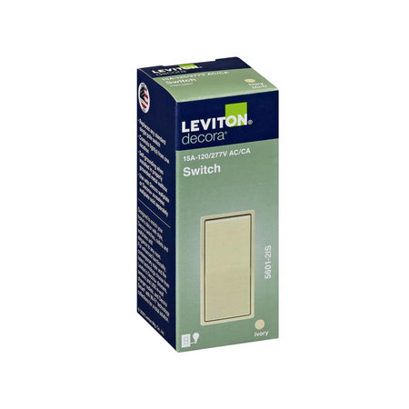 Leviton 5601-2I Decora Rocker Single-Pole AC Quiet Switch packaging on a white background