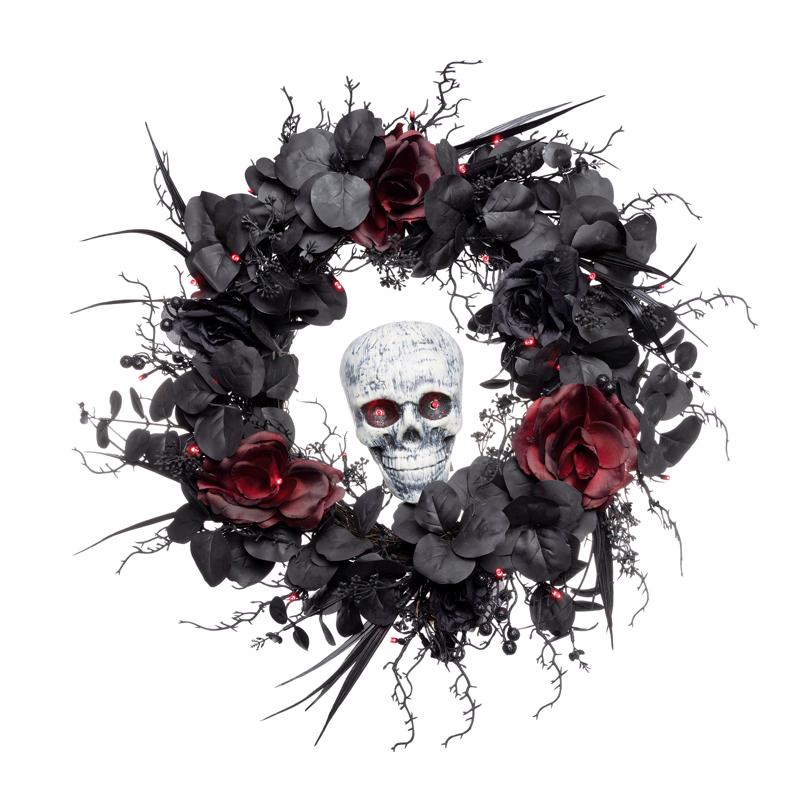 Gothic wreath with black flowers, red roses, and a skull in the center on a white background