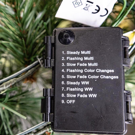 Black electronic device with LED settings on a green leafy background