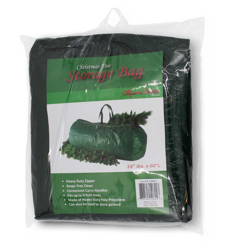 Christmas tree storage bag in packaging with green label