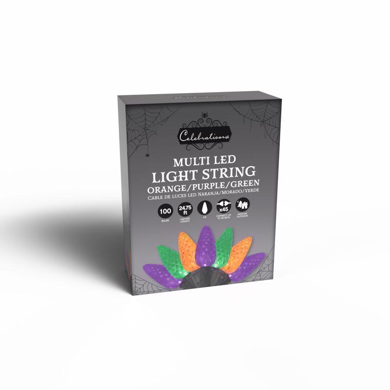 Box of multi LED light string with Halloween-themed design on a white background