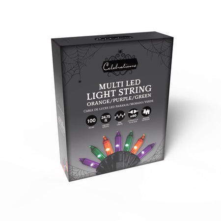 Package of Halloween multi LED light string with orange, purple, and green lights on a white background