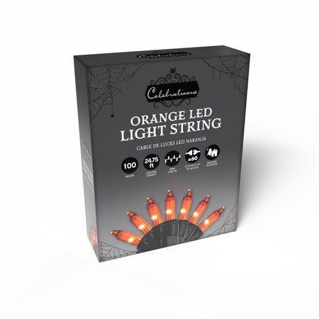 Box of orange Halloween LED light string with spider web design on a white background
