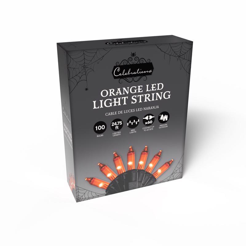 Box of orange Halloween LED light string with spider web design on a white background