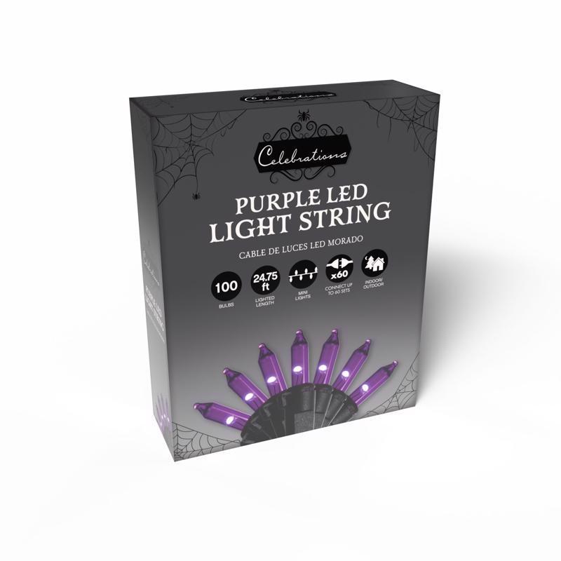 Box of purple Halloween LED light string with spider web design on a white background