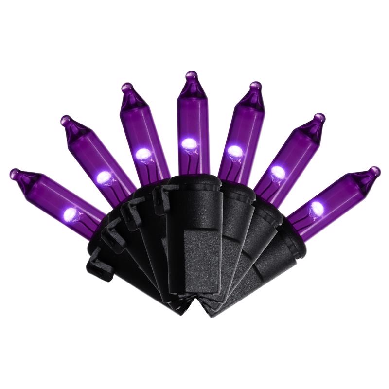 Halloween purple LED string lights with black connectors on a white background