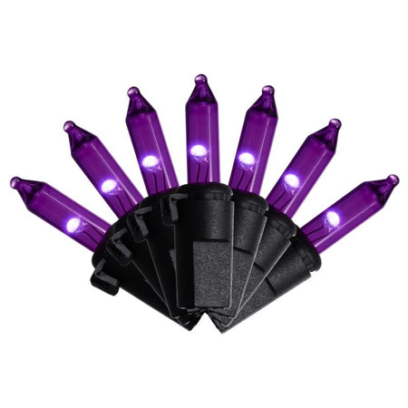 Halloween purple LED string lights with black connectors on a white background