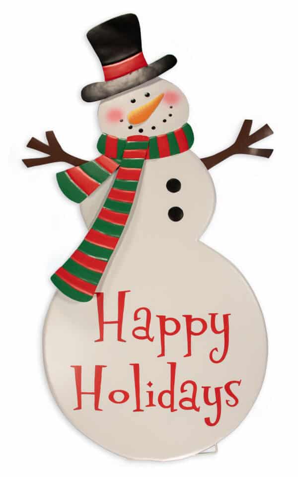Metal snowman decoration with 'Happy Holidays' text on a white background