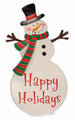 Metal snowman decoration with 'Happy Holidays' text on a white background