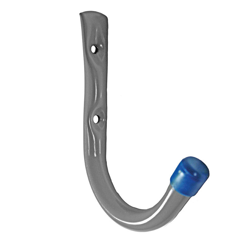 Gray and blue steel hook on a white background