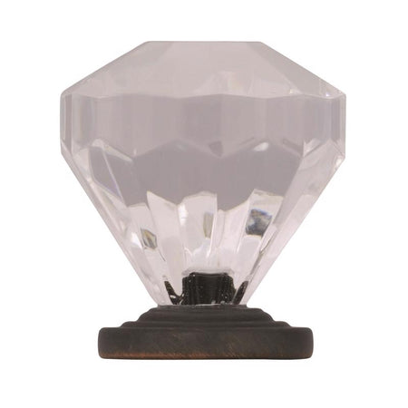 Clear cabinet pull with an oil rubbed bronze base on a white background