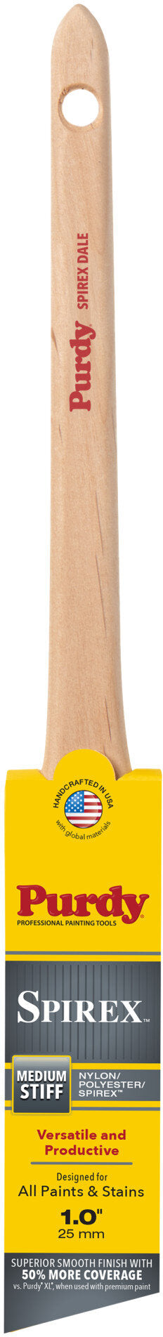 A single wooden paintbrush with a yellow and black Purdy Spirex Stiff brush sleeve, shown against a plain white background.