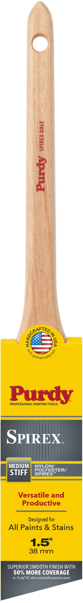 Purdy Spirex wood finish brush with a light natural wood handle and a yellow and black label, shown against a white background.