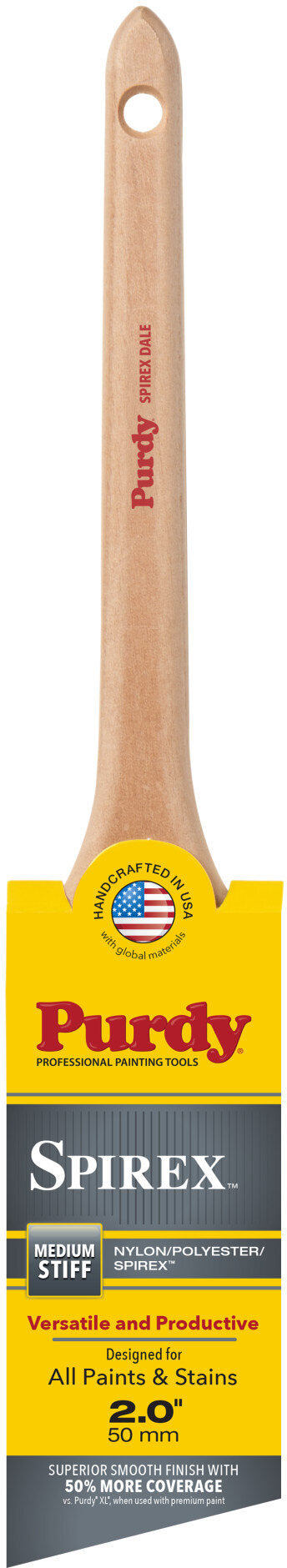A single paint brush with a light wood handle and a yellow-and-black bristle head. The head shows the Purdy brand name and the text 'Spirex' and 'Stiff'.