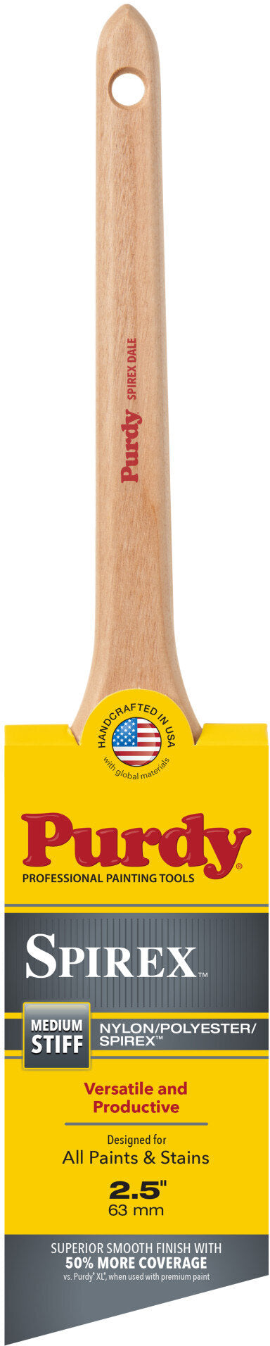 A single paint brush with a light wood handle and a yellow-and-black branded base, shown against a plain white background. The brand name Purdy is prominently visible on both the handle and the base.