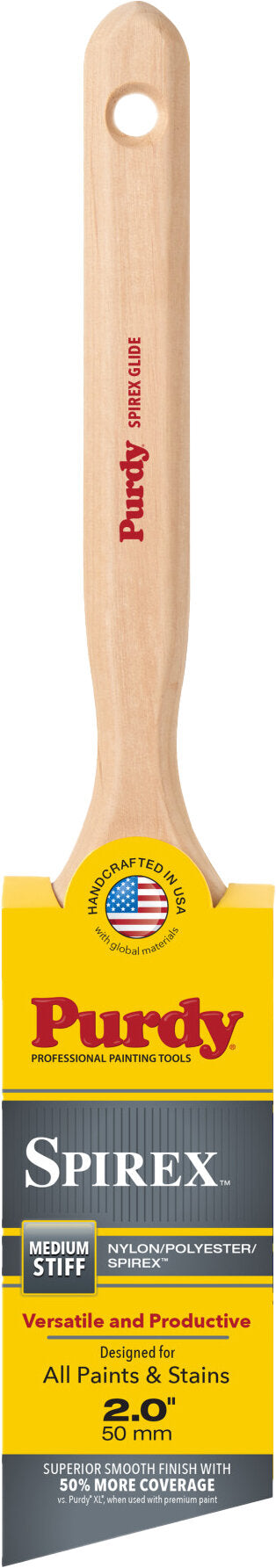 Purdy Spirex 2.0 inch wood-handled paint brush with a yellow and black label, shown against a white background.