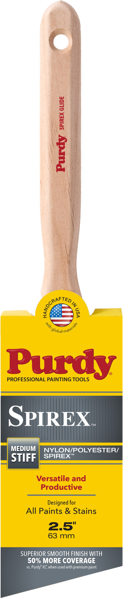 Purdy Spirex medium stiff acrylic paint brush with a wooden handle, featuring a yellow and black label with the Purdy brand logo.