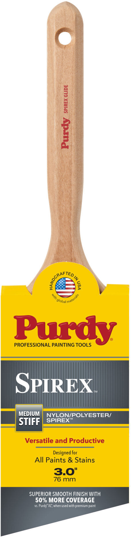 Purdy Spirex medium stiff nylon polyester/spackling paint brush with a wooden handle and yellow, gray, and black retail packaging, shown against a white background.