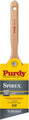 Purdy Spirex medium stiff nylon polyester/spackling paint brush with a wooden handle and yellow, gray, and black retail packaging, shown against a white background.