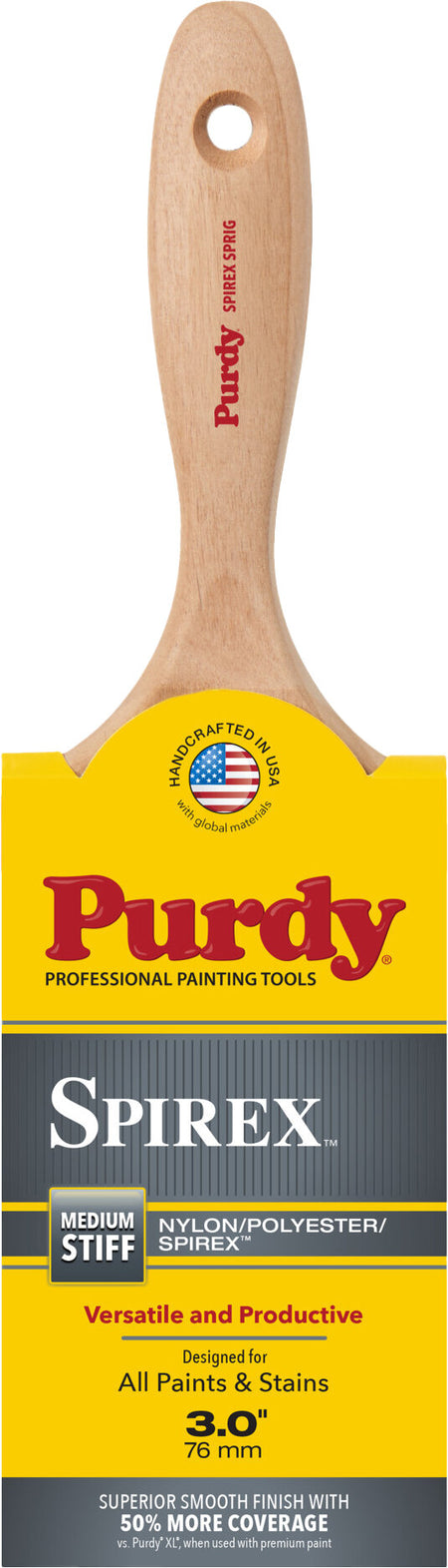 Purdy Spirex medium stiff professional painting tool with a natural wood handle and a yellow, gray, and red branded plastic head, shown against a plain white background.
