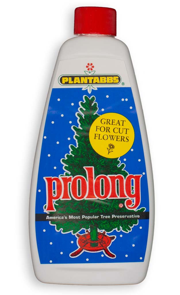 Bottle of Plantabbs prolong tree preservative with a red cap on a white background