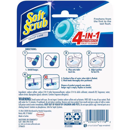 Soft Scrub 4-in-1 automatic toilet cleaner packaging with instructions and branding.