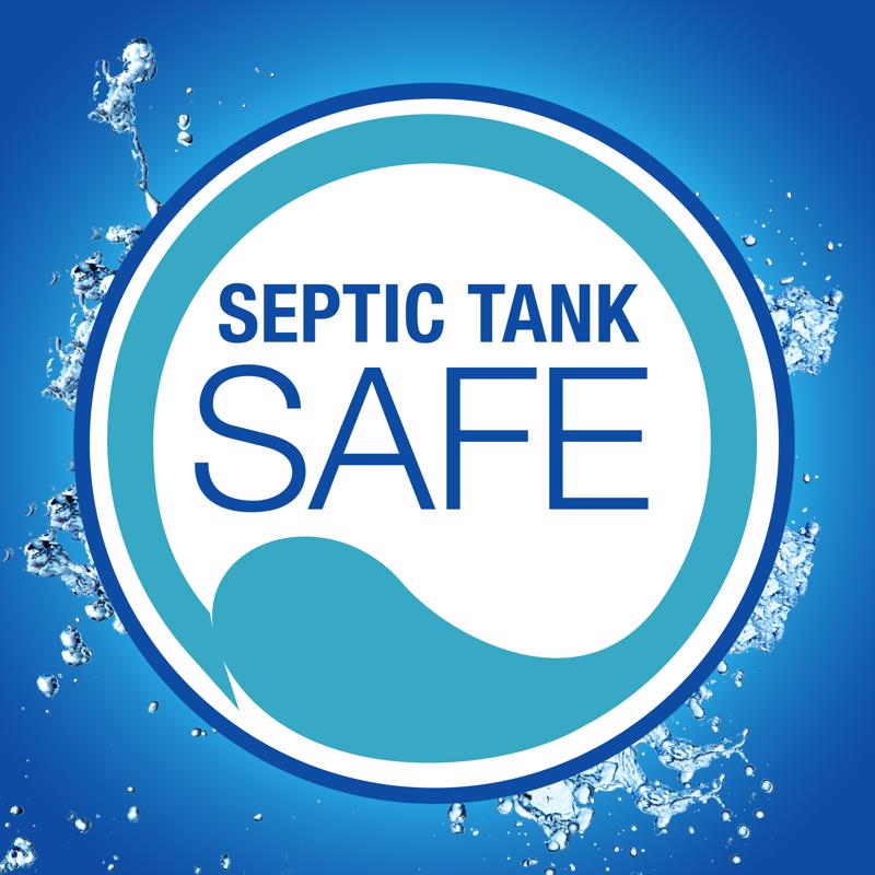 Septic Tank Safe logo with water droplets on a blue background