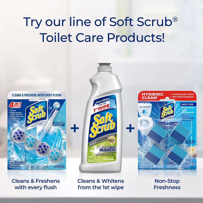 Soft Scrub toilet care products including a bottle and two packages on a white background.