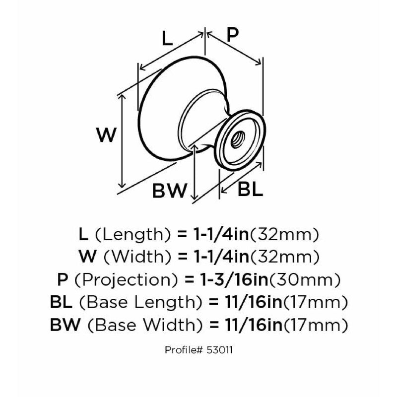 Technical drawing of Amerock Allison Round Cabinet Knob with labeled dimensions on a white background