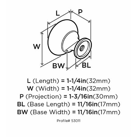 Technical drawing of Amerock Allison Round Cabinet Knob with labeled dimensions on a white background