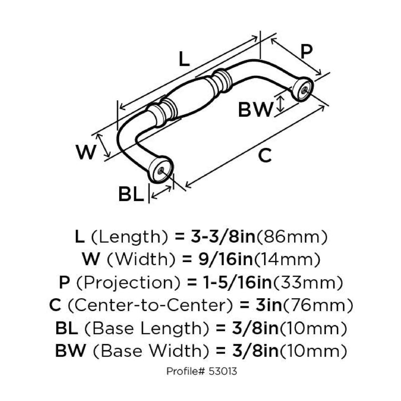 Technical drawing of Amerock Granby Traditional 3 Inch Cabinet Pull with dimensions labeled