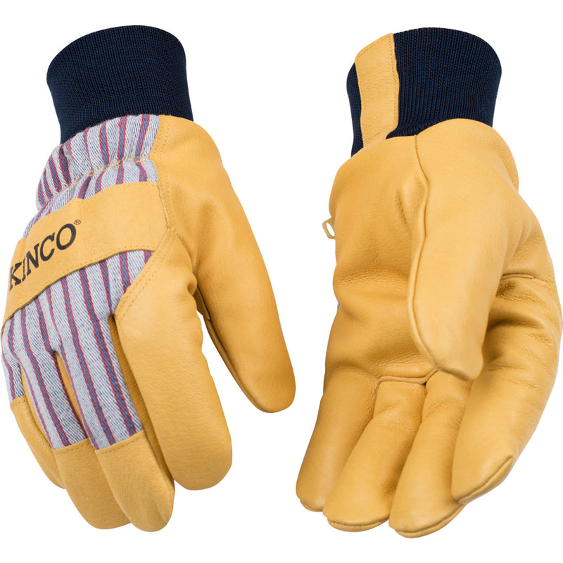 Pair of yellow gloves with striped palm and navy cuffs on a white background