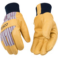 Pair of yellow gloves with striped palm and navy cuffs on a white background