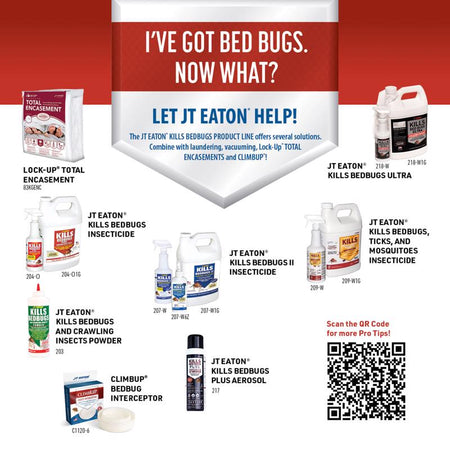 Promotional graphic for JT Eaton bed bug products with various products displayed.